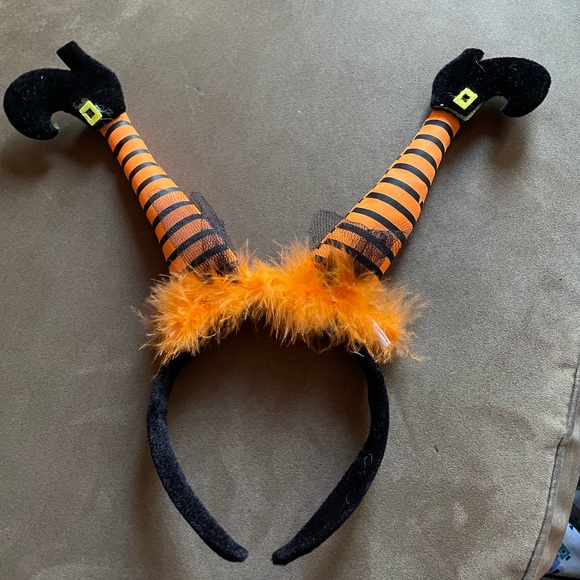 Happy Halloween Witches Legs Fun Headband Stripes W Feathers EUC - Picture 1 of 7